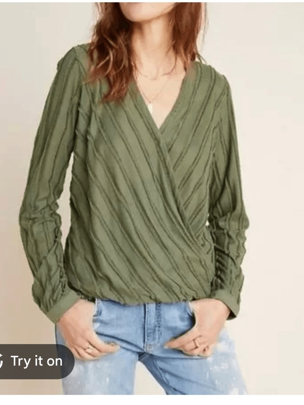 Anthropologie Maeve Audre Olive Faux Wrap Long Sleeve Top XXS